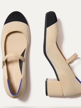 NWOB ROTHYS MARY JANE BLOCK HEEL CAP TOE CREAM BLACK 7.5
